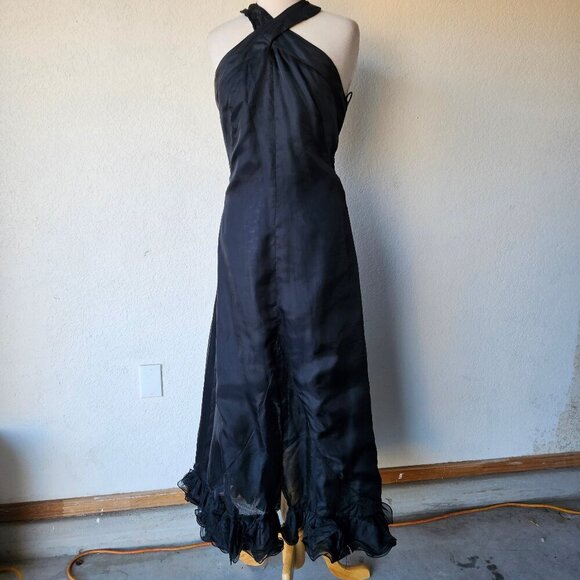 Vintage 70s Black Keyhole Cross Halter Lettuce Ruffle Hem Slit Maxi Dress Gown M - Picture 1 of 9